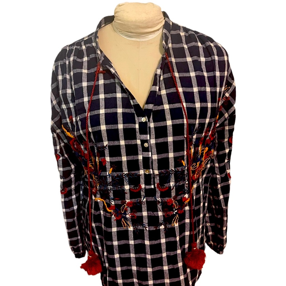 Zara Gingham Embroidered Top with Pom Poms Size M